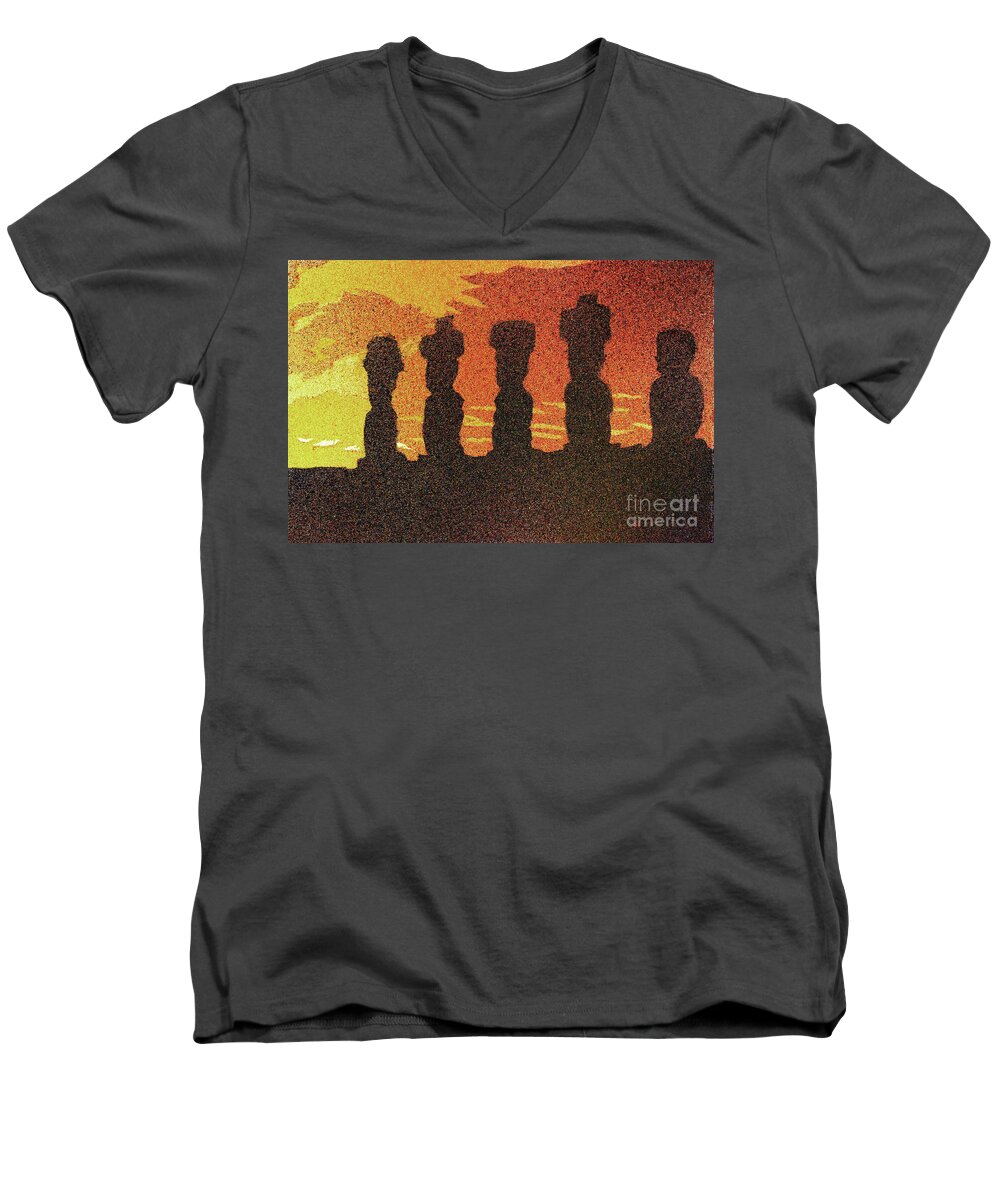 Ahu Men's V-Neck T-Shirt featuring the painting Easter Island Sunset II by Ryan Fox