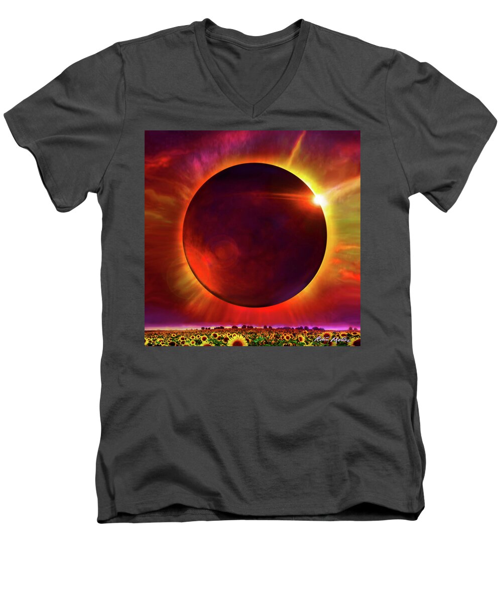 Eclipse Men's V-Neck T-Shirt featuring the digital art Eclipse of the Sunflower by Robin Moline
