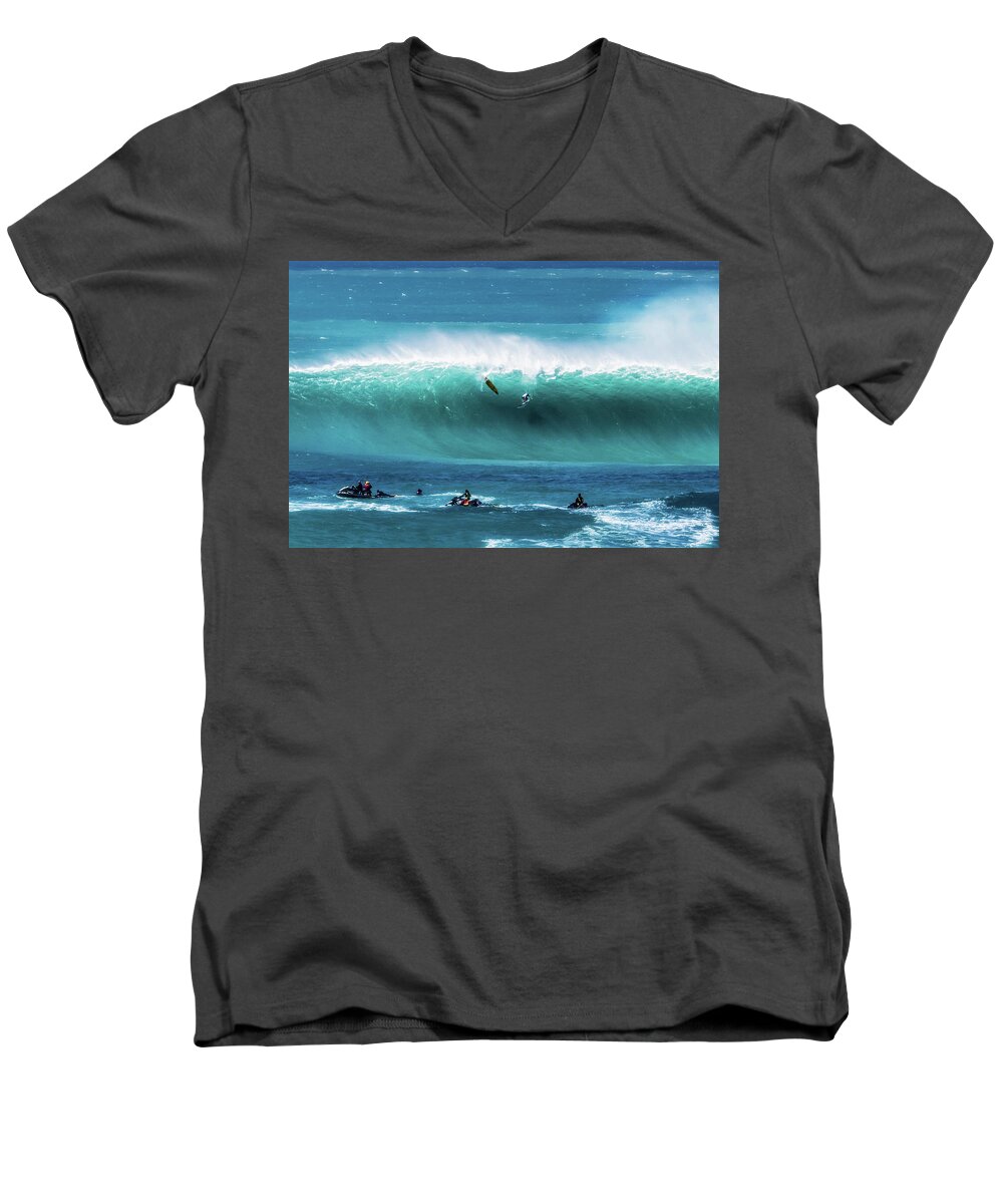Oahu Hawaii Waves Eddie Aikau Surf Event Jet Skis Ocean Men's V-Neck T-Shirt featuring the photograph Eddie Aikau by James Roemmling