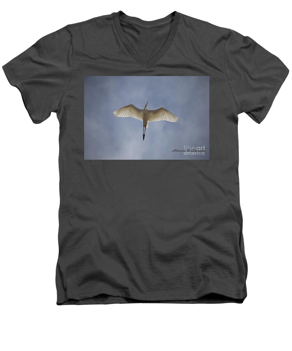 Egret Men's V-Neck T-Shirt featuring the photograph Egret Overhead by Alison Salome