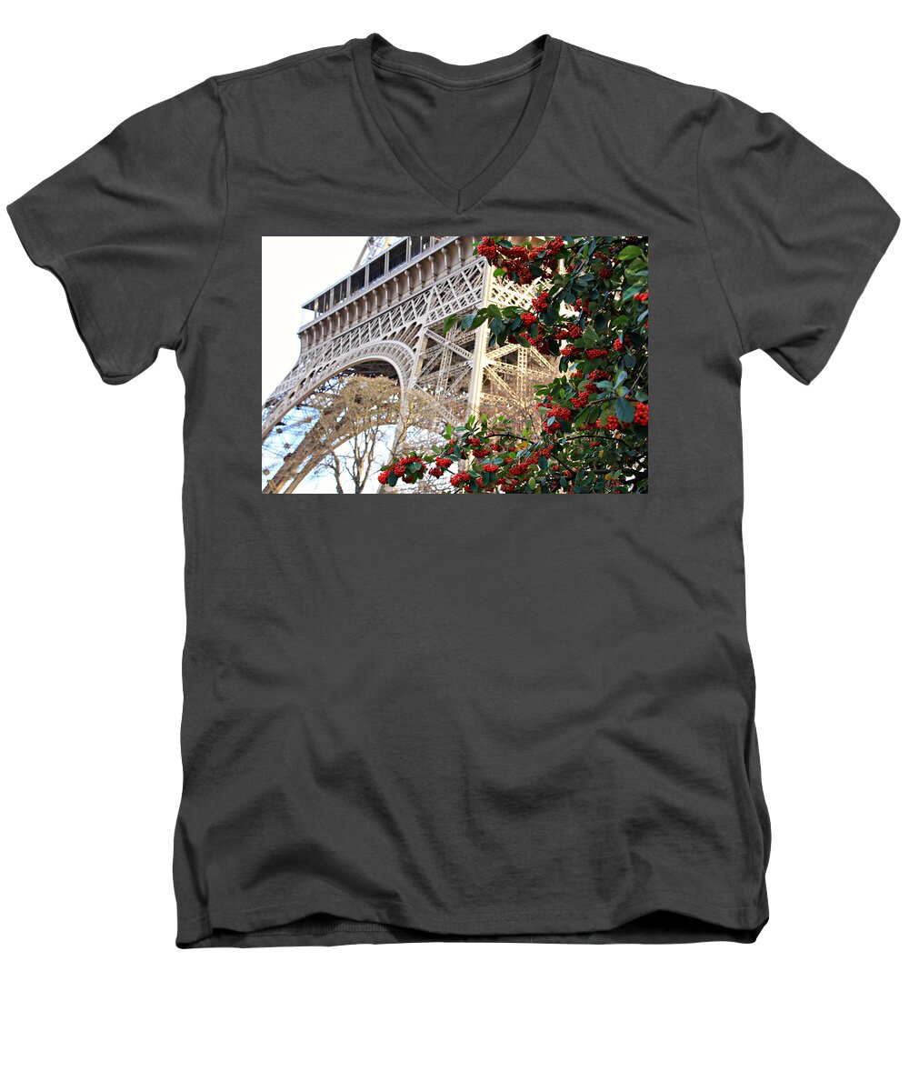 Parisian Men's V-Neck T-Shirt featuring the photograph Eiffel Tower In Winter by KATIE Vigil