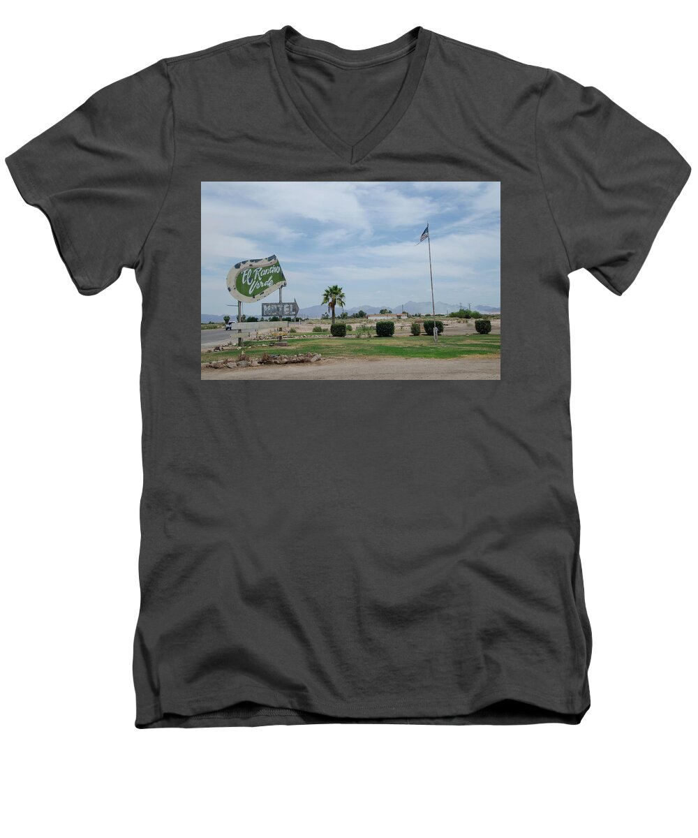 Hotel Men's V-Neck T-Shirt featuring the photograph El Rancho Verde Motel by Erik Burg