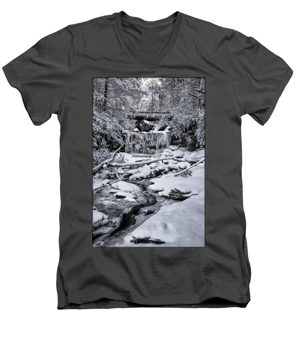 Winter Men's V-Neck T-Shirt featuring the photograph Elakala Falls by Erika Fawcett