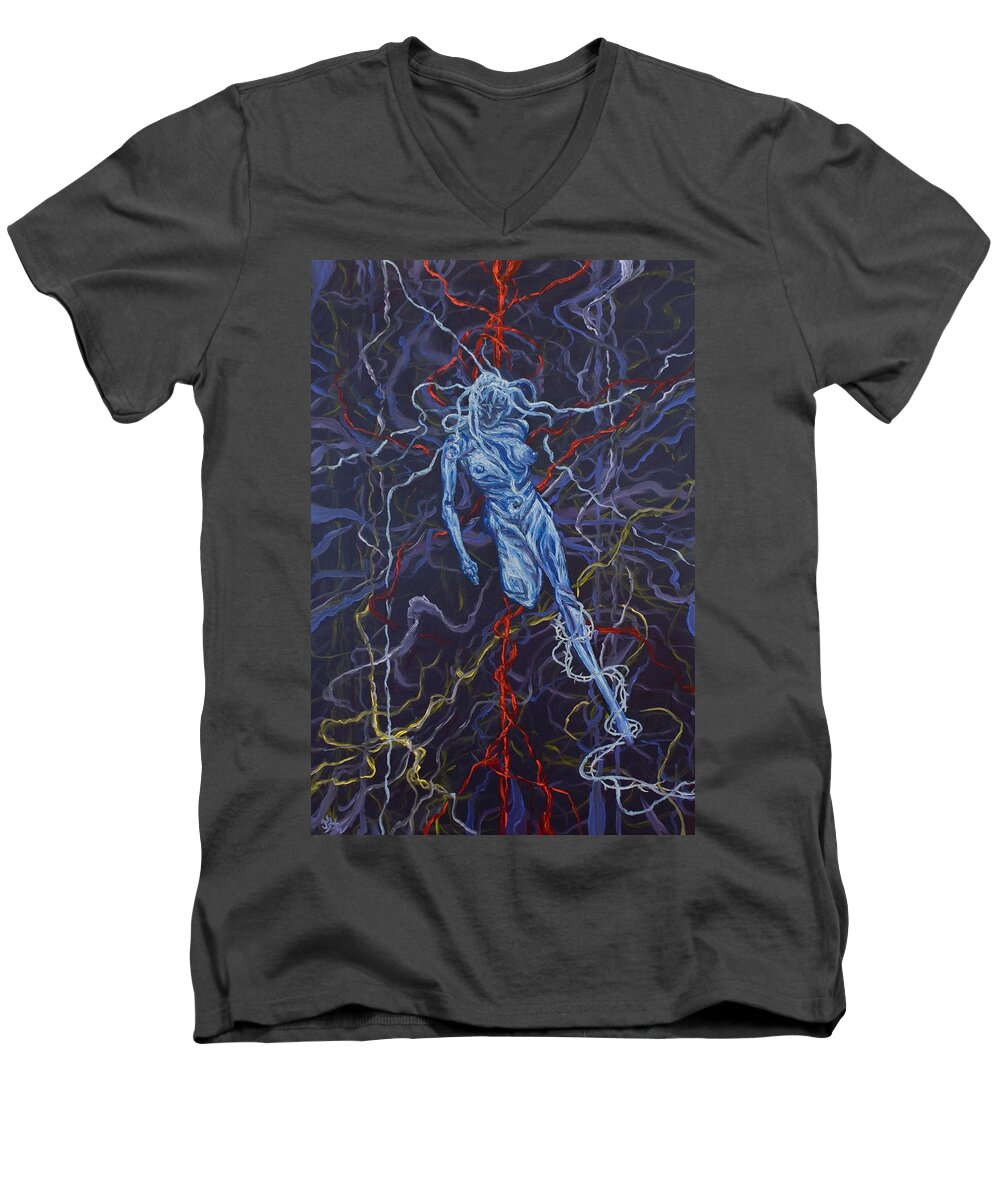 Pain Men's V-Neck T-Shirt featuring the painting Electric Pain by Judy Henninger