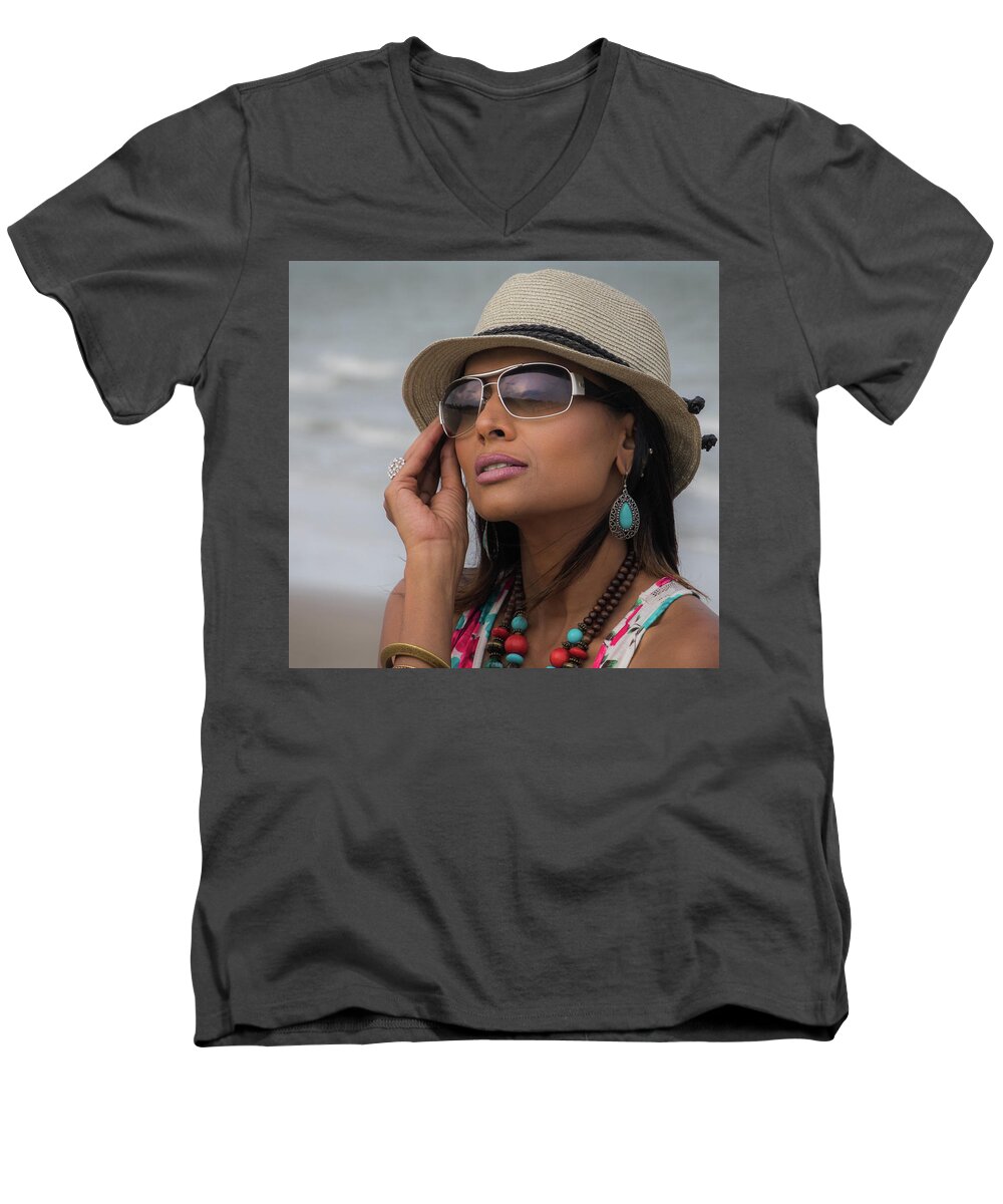 Beach Men's V-Neck T-Shirt featuring the photograph Elegant Beach Fashion by James Woody