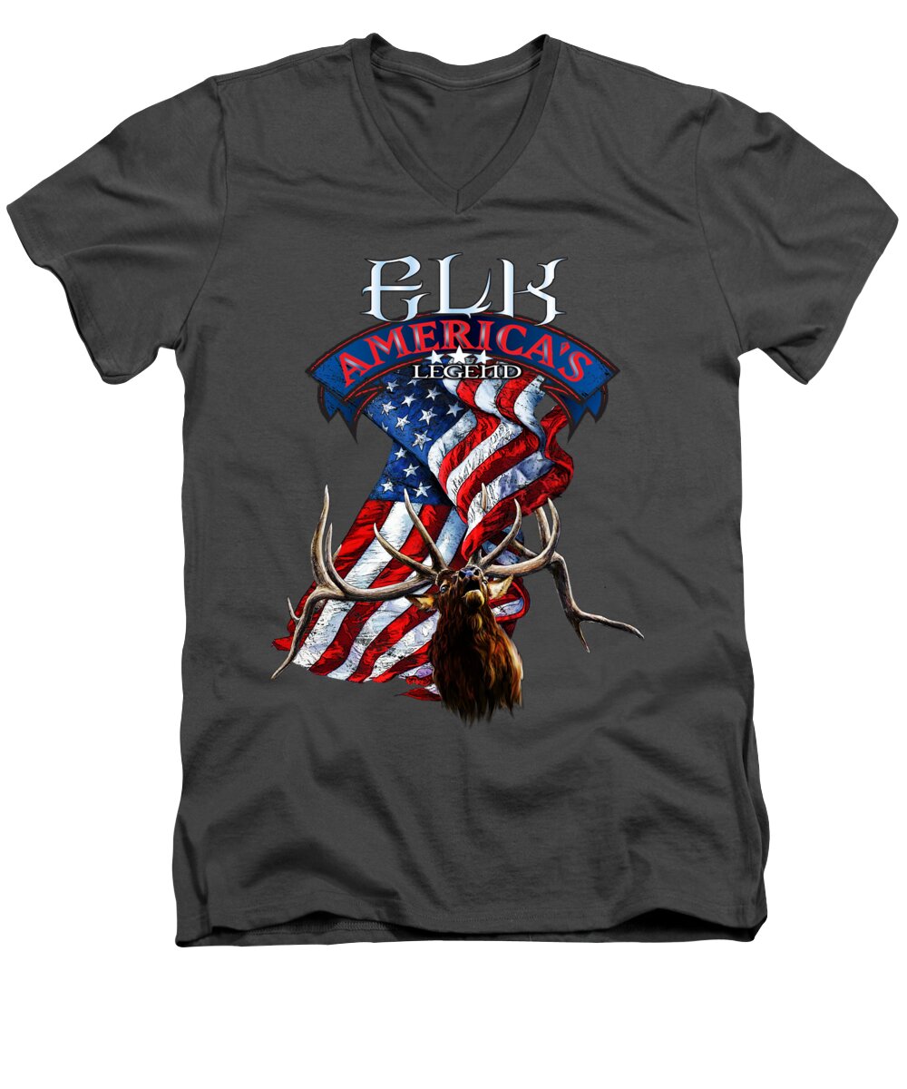 Elk Men's V-Neck T-Shirt featuring the drawing Elk America's Legend v2 by Robert Corsetti
