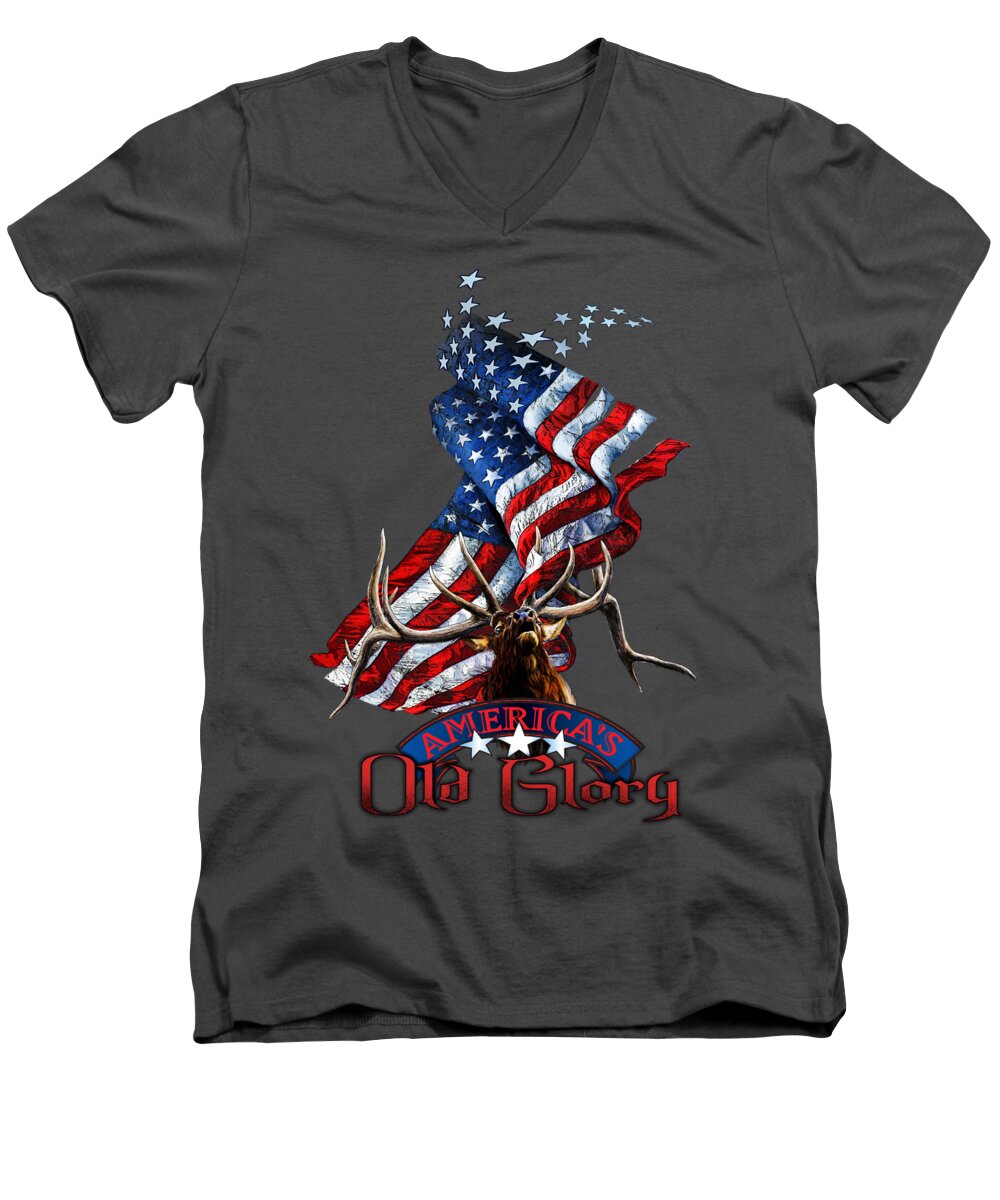 Elk Men's V-Neck T-Shirt featuring the drawing Elk Old Glory by Robert Corsetti