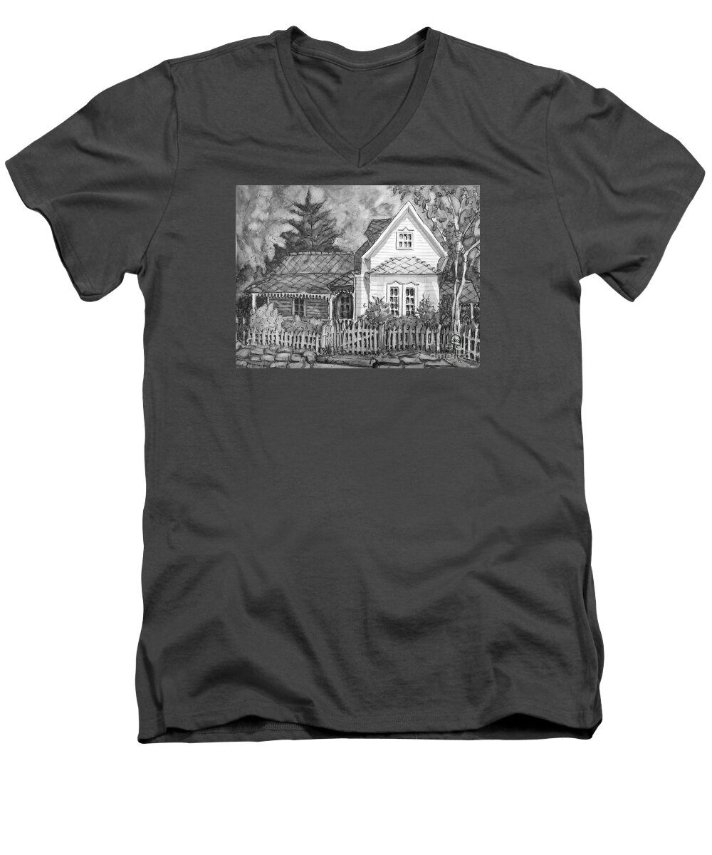 Elma's Men's V-Neck T-Shirt featuring the painting Elma's House in BW by Gretchen Allen