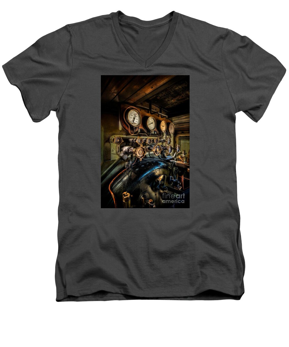Welsh Highland Railway Men's V-Neck T-Shirt featuring the photograph Loco Engine Room by Adrian Evans
