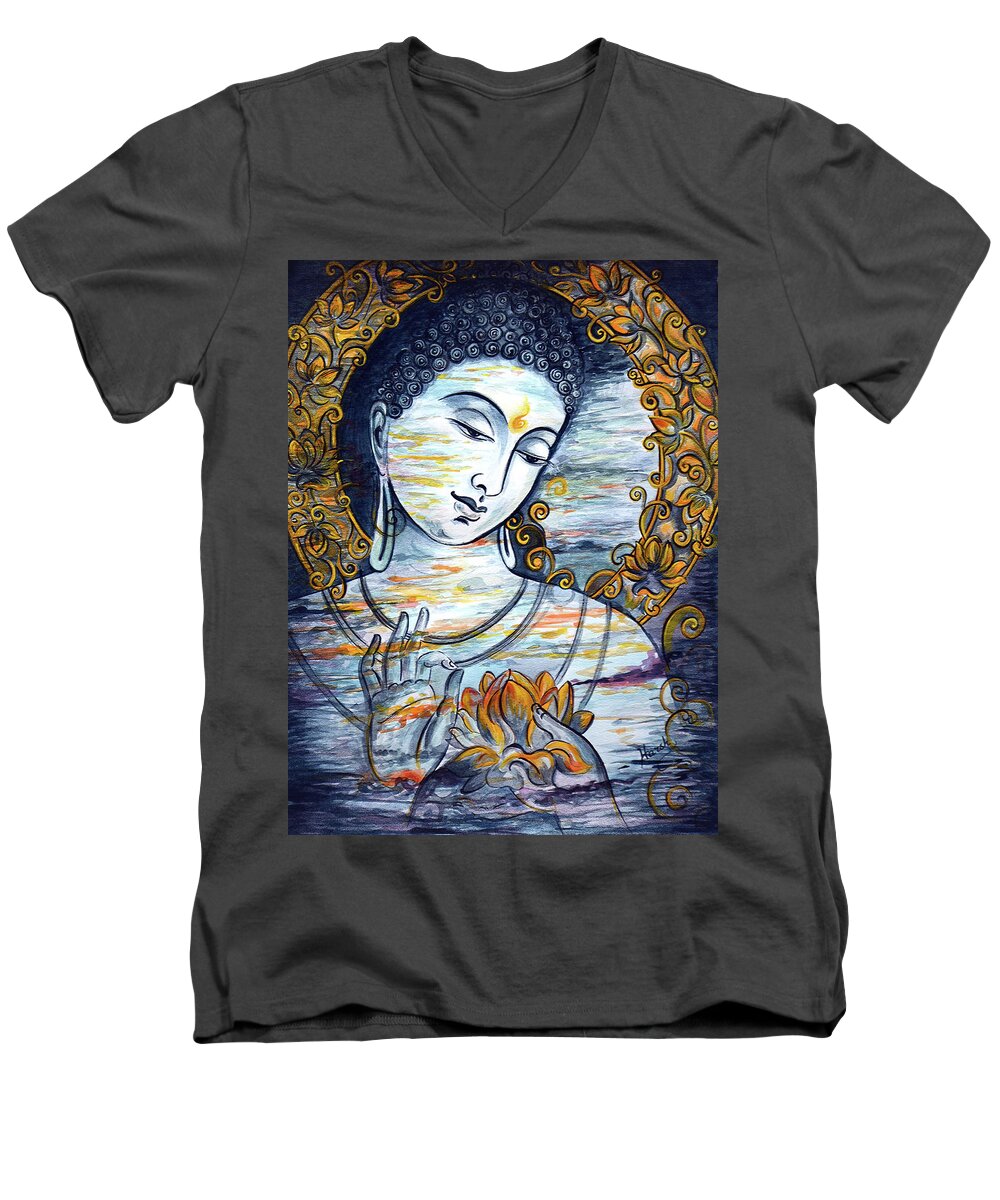 Buddha Men's V-Neck T-Shirt featuring the painting Enlightened by Harsh Malik