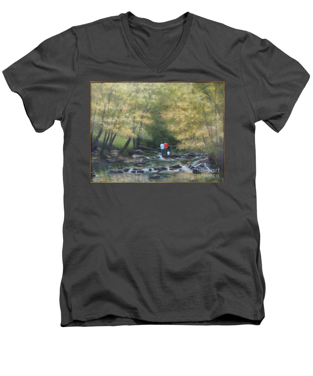 Eno River Men's V-Neck T-Shirt featuring the painting Eno River Afternoon by Phyllis Andrews