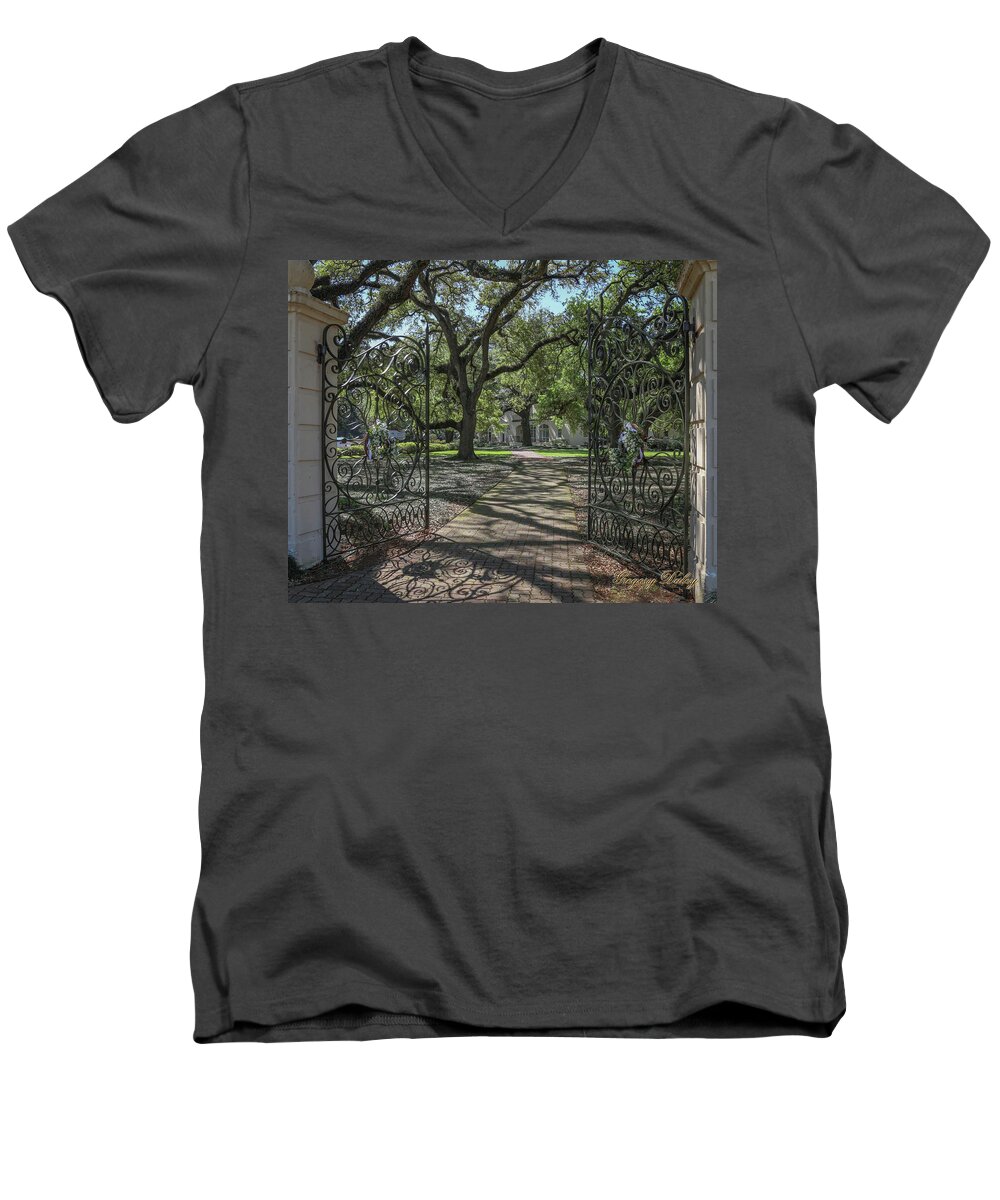 Ul Men's V-Neck T-Shirt featuring the photograph Entrance Gate to UL Alum House by Gregory Daley MPSA