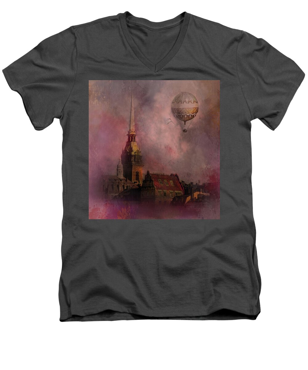 Sweden Men's V-Neck T-Shirt featuring the digital art Stockholm church with flying balloon by Jeff Burgess