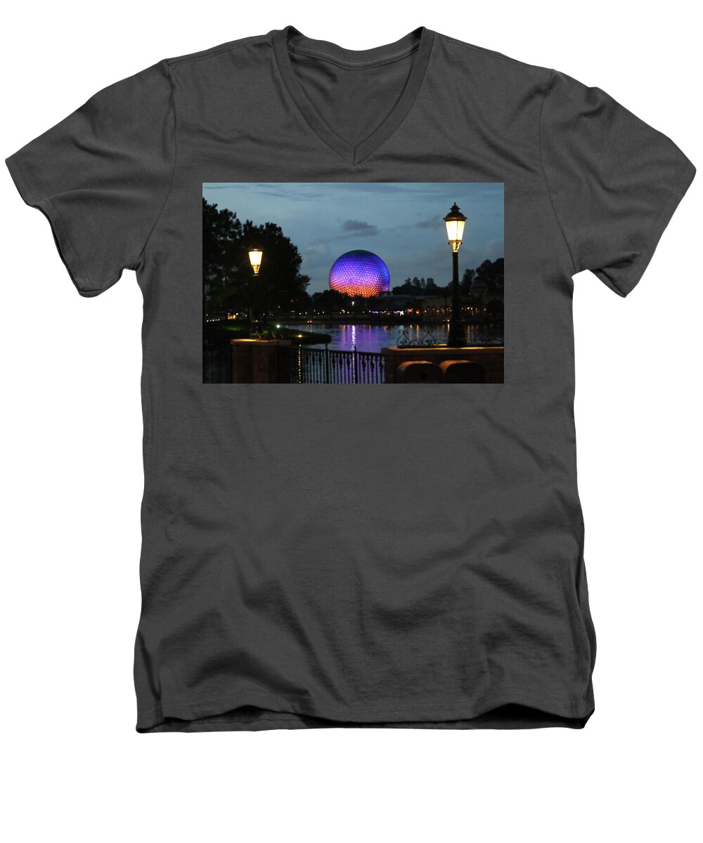 Epcot Men's V-Neck T-Shirt featuring the photograph Evening at Epcot by Jackson Pearson