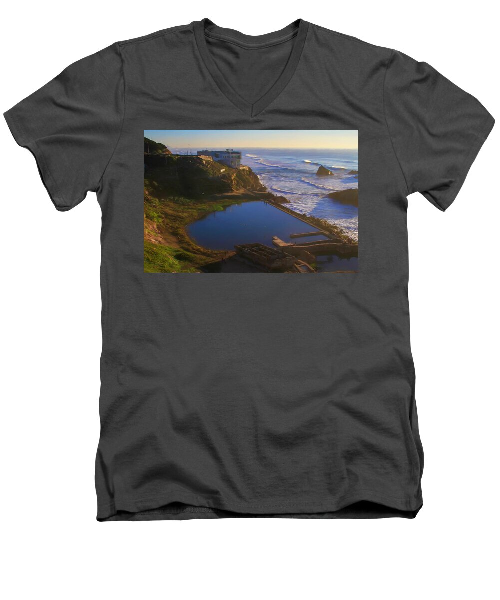 Evening Glow At Sutro Baths Men's V-Neck T-Shirt featuring the photograph Evening Glow at Sutro Baths by Bonnie Follett