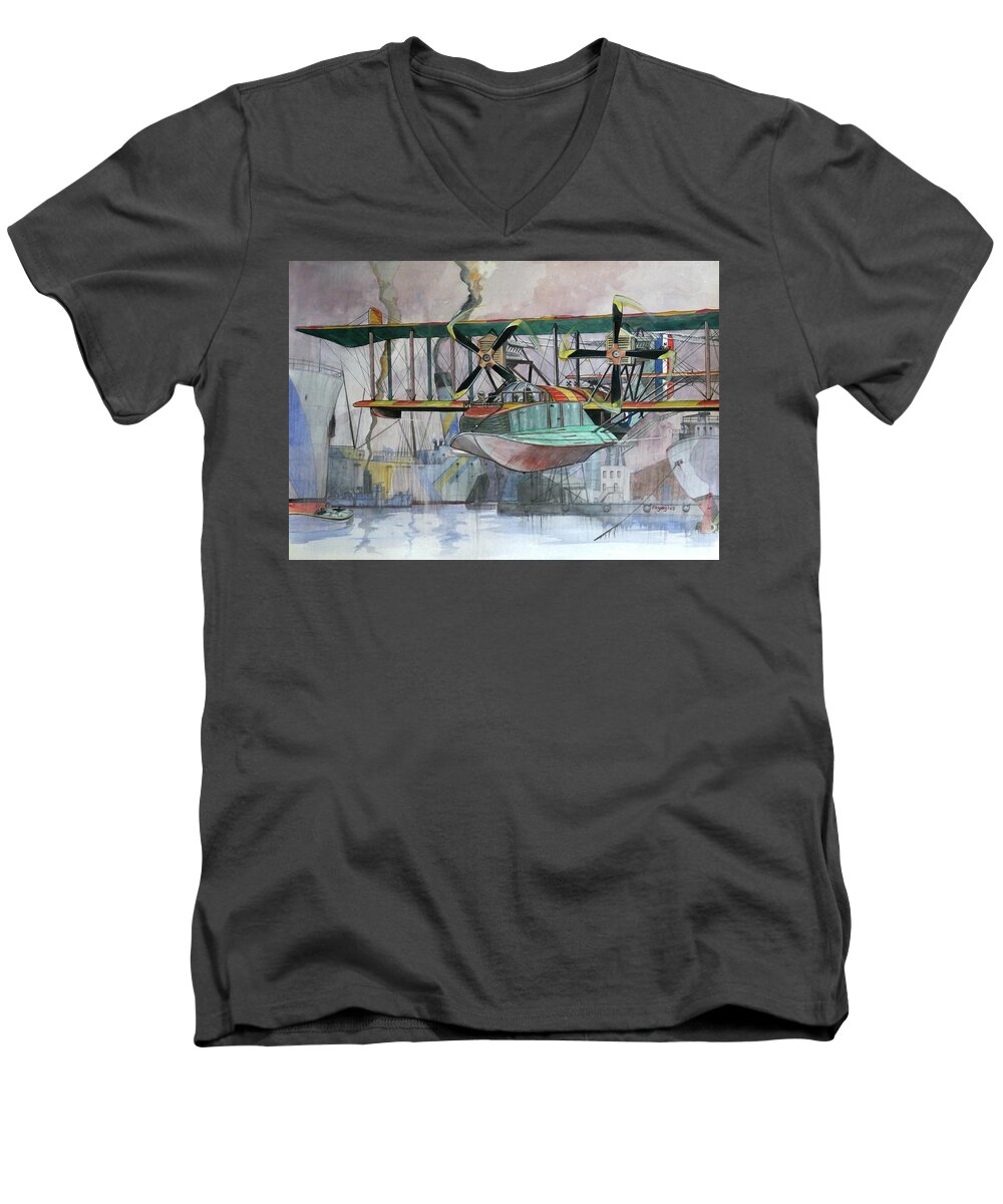 Felixstowe Men's V-Neck T-Shirt featuring the painting Evening patrol by Ray Agius