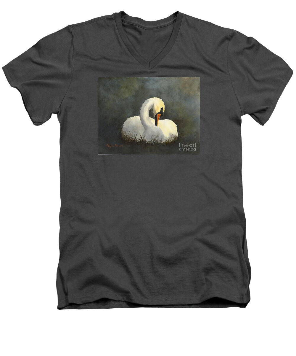 Swan Men's V-Neck T-Shirt featuring the painting Evening Swan by Phyllis Howard