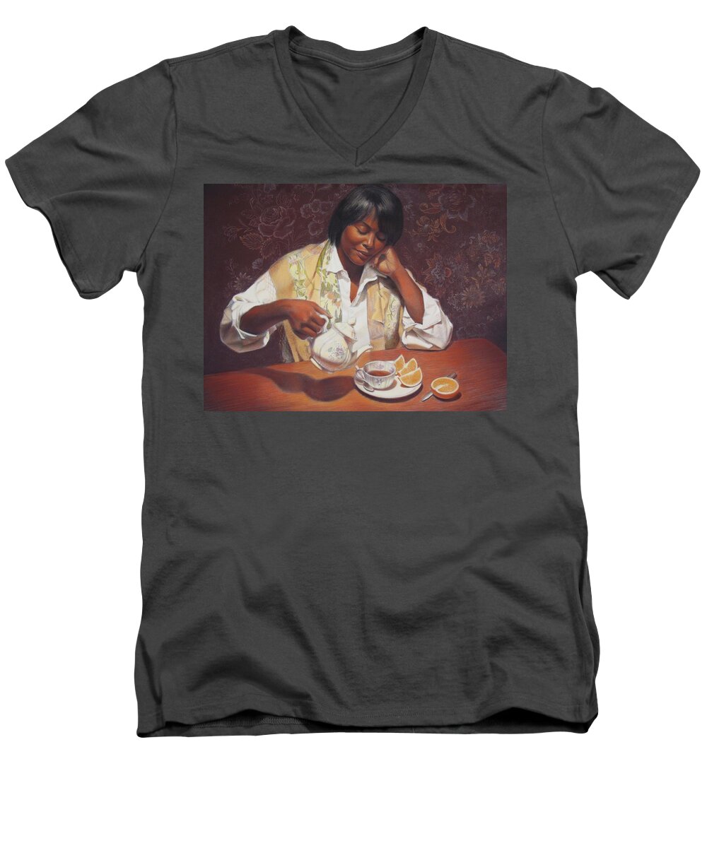 Portrait Men's V-Neck T-Shirt featuring the painting Evening Tea by Sue Halstenberg
