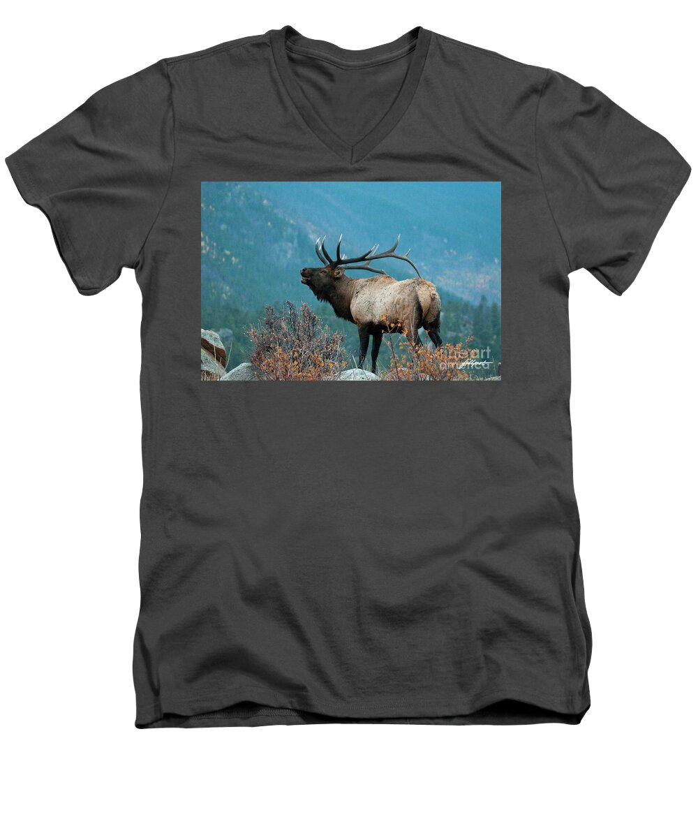 Rocky Mountain Bull Elk Men's V-Neck T-Shirt featuring the photograph Evening Call by Bon and Jim Fillpot