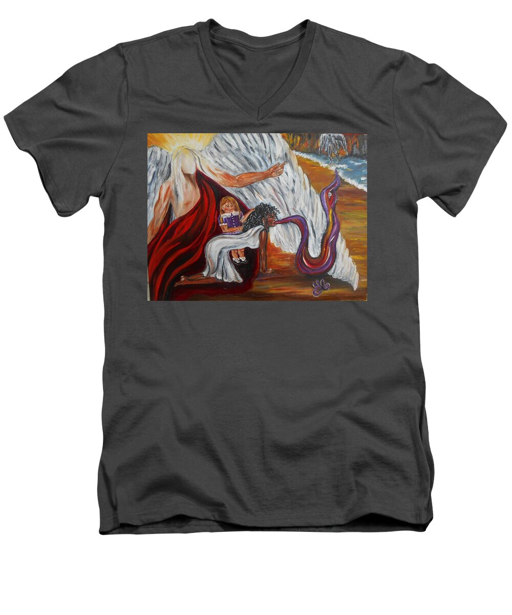 Archangel Men's V-Neck T-Shirt featuring the painting Exorcismo by Yesi Casanova