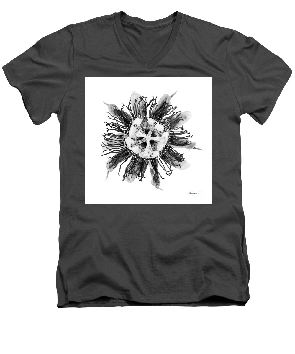Expressive Men's V-Neck T-Shirt featuring the photograph Expressive Passion Flower in Grayscale 50674G by Ricardos Creations