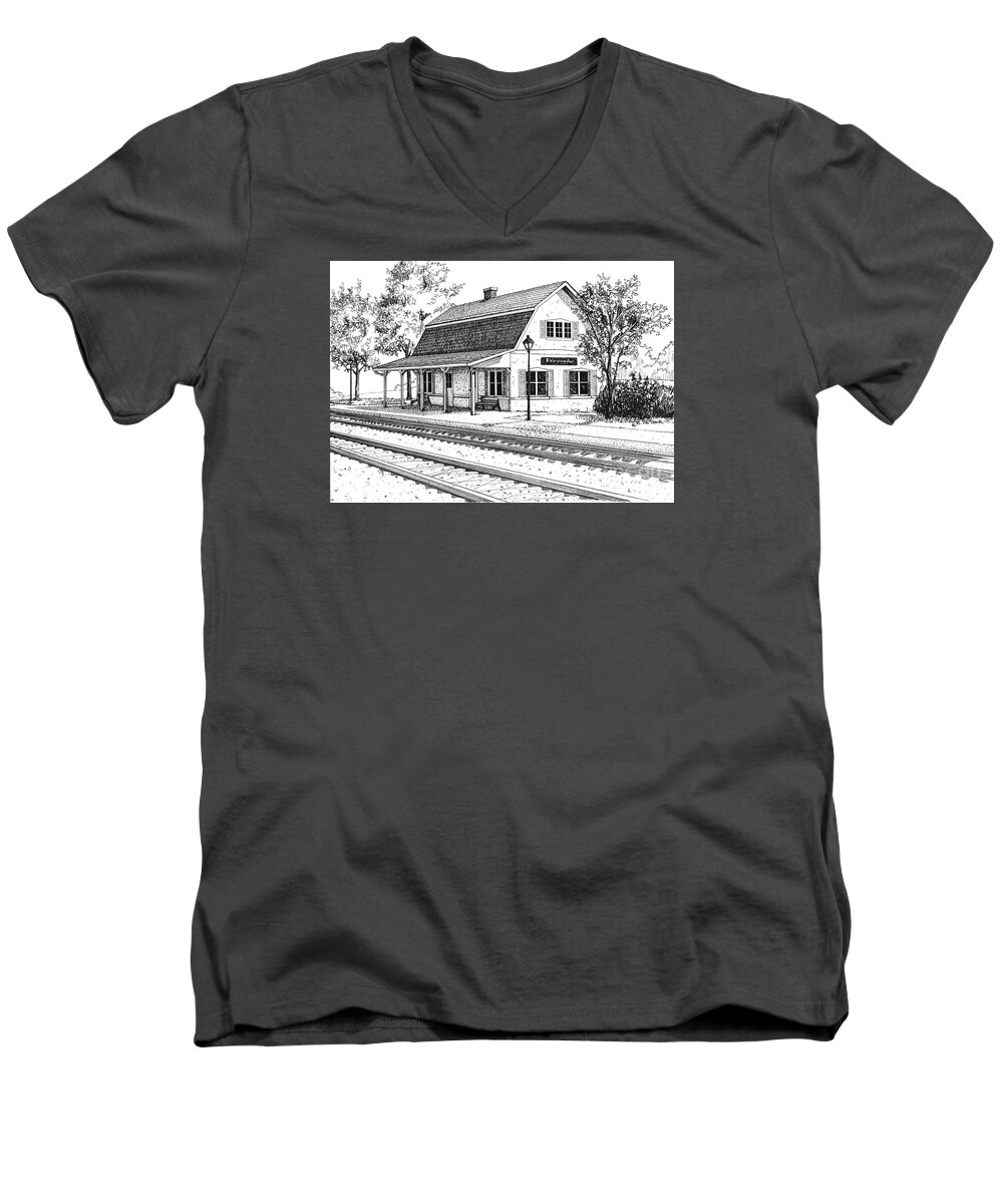 Station Men's V-Neck T-Shirt featuring the drawing Fairview Ave Train Station by Mary Palmer