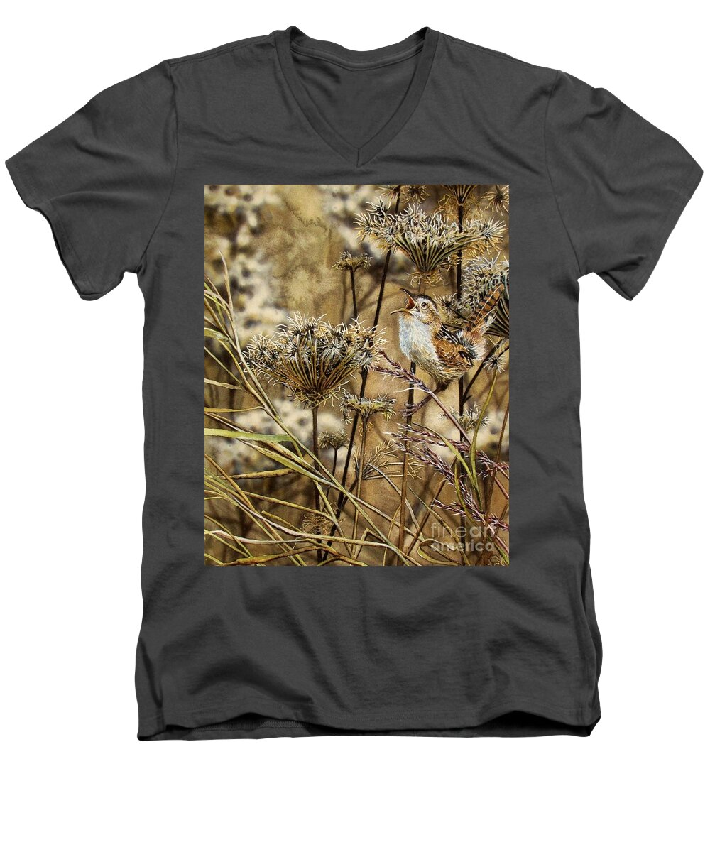 Marsh Men's V-Neck T-Shirt featuring the painting Fall Call by Greg and Linda Halom