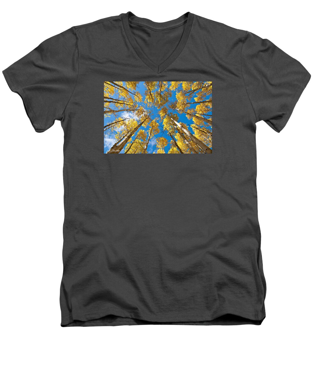 Arizona Men's V-Neck T-Shirt featuring the photograph Fall Colored Aspens in the Inner Basin by Jeff Goulden