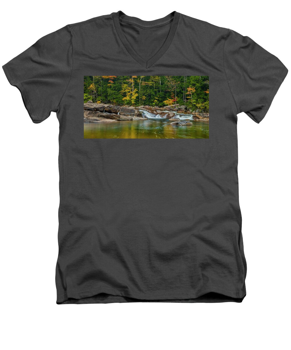 Fall Foliage Men's V-Neck T-Shirt featuring the photograph Fall Foliage in Autumn along Swift River in New Hampshire by Ranjay Mitra