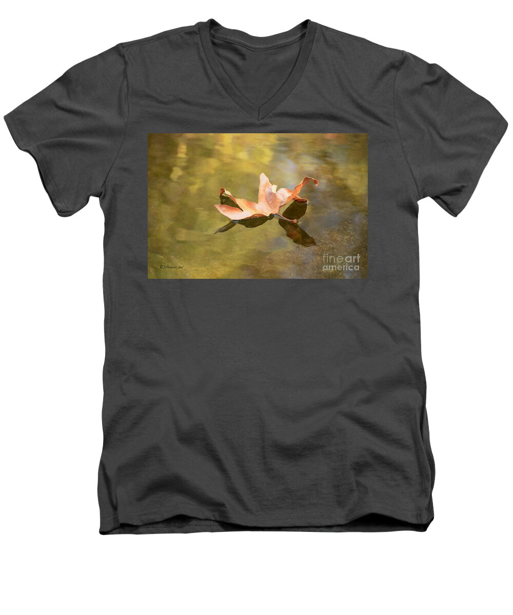 Autumn Men's V-Neck T-Shirt featuring the photograph Fall Leaf Floating by Debby Pueschel