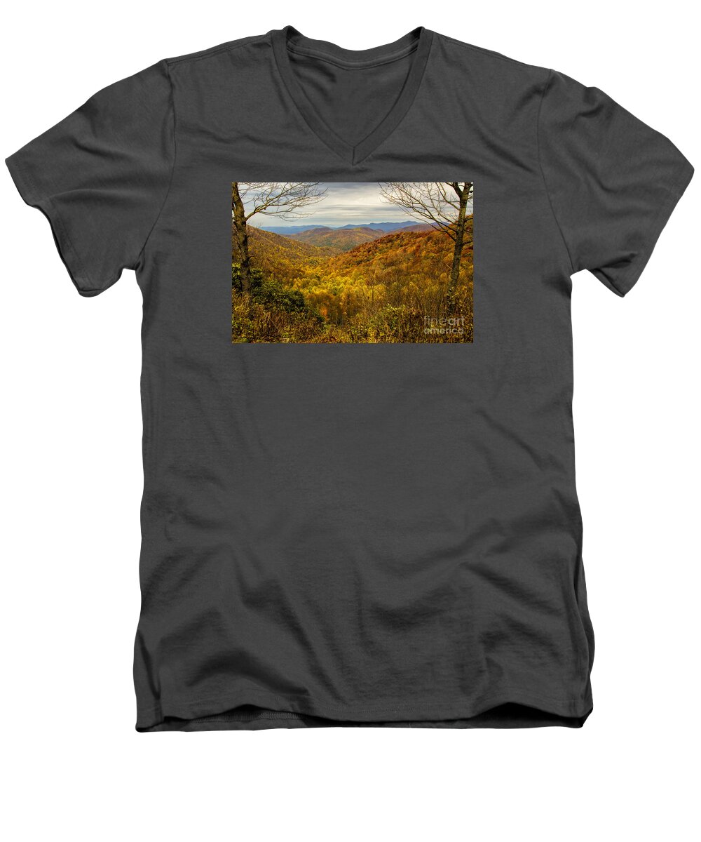 Fall Men's V-Neck T-Shirt featuring the photograph Fall Mountain Overlook by Barbara Bowen