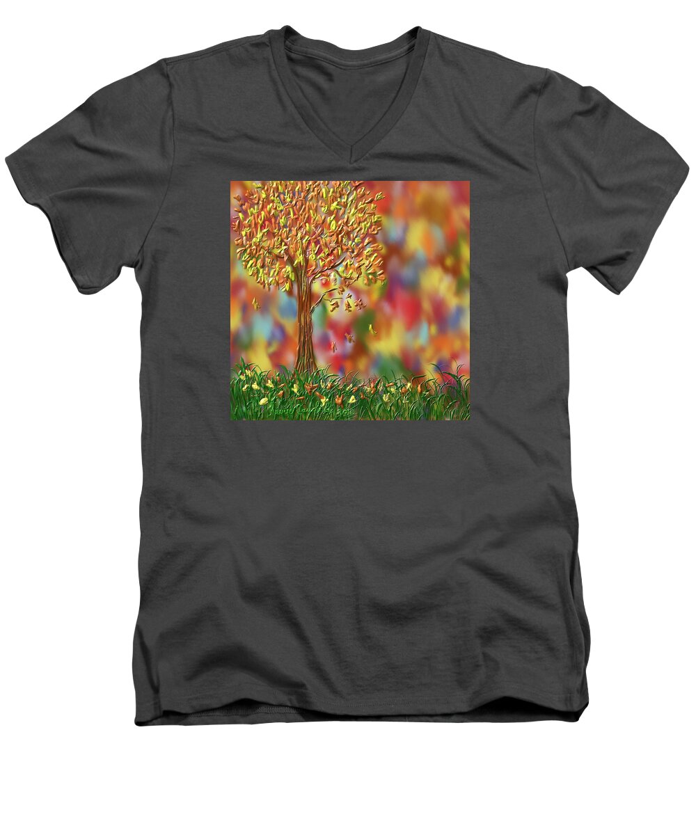 Tree Men's V-Neck T-Shirt featuring the painting Falling leaves by Kevin Caudill