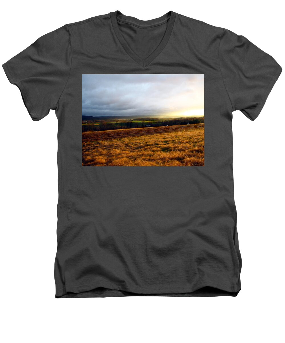 Farm Men's V-Neck T-Shirt featuring the photograph Farm Field Sunset by George Jones