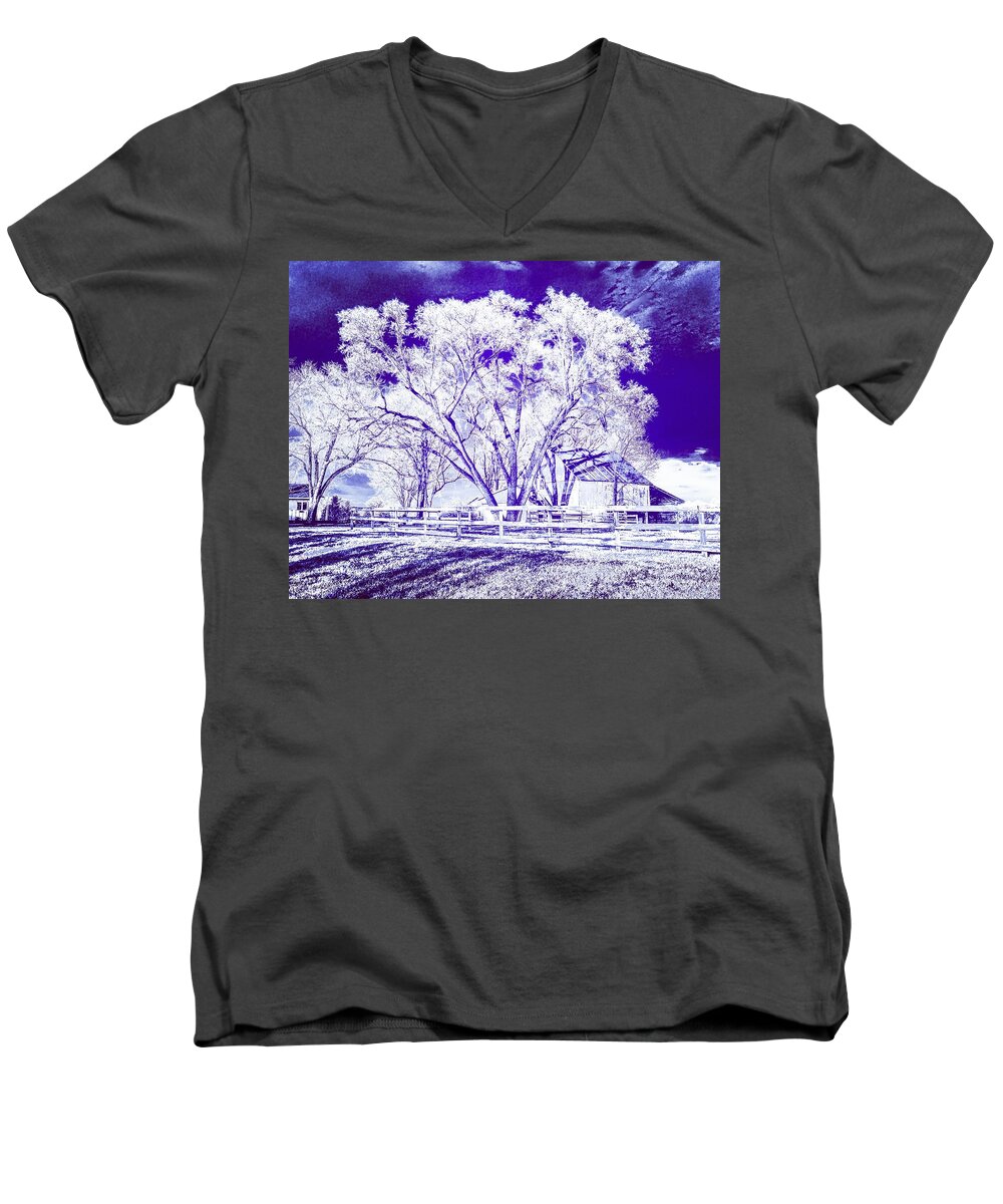 Emaw Men's V-Neck T-Shirt featuring the photograph Farm in Suburbia with Wildcat Flare by Michael Oceanofwisdom Bidwell