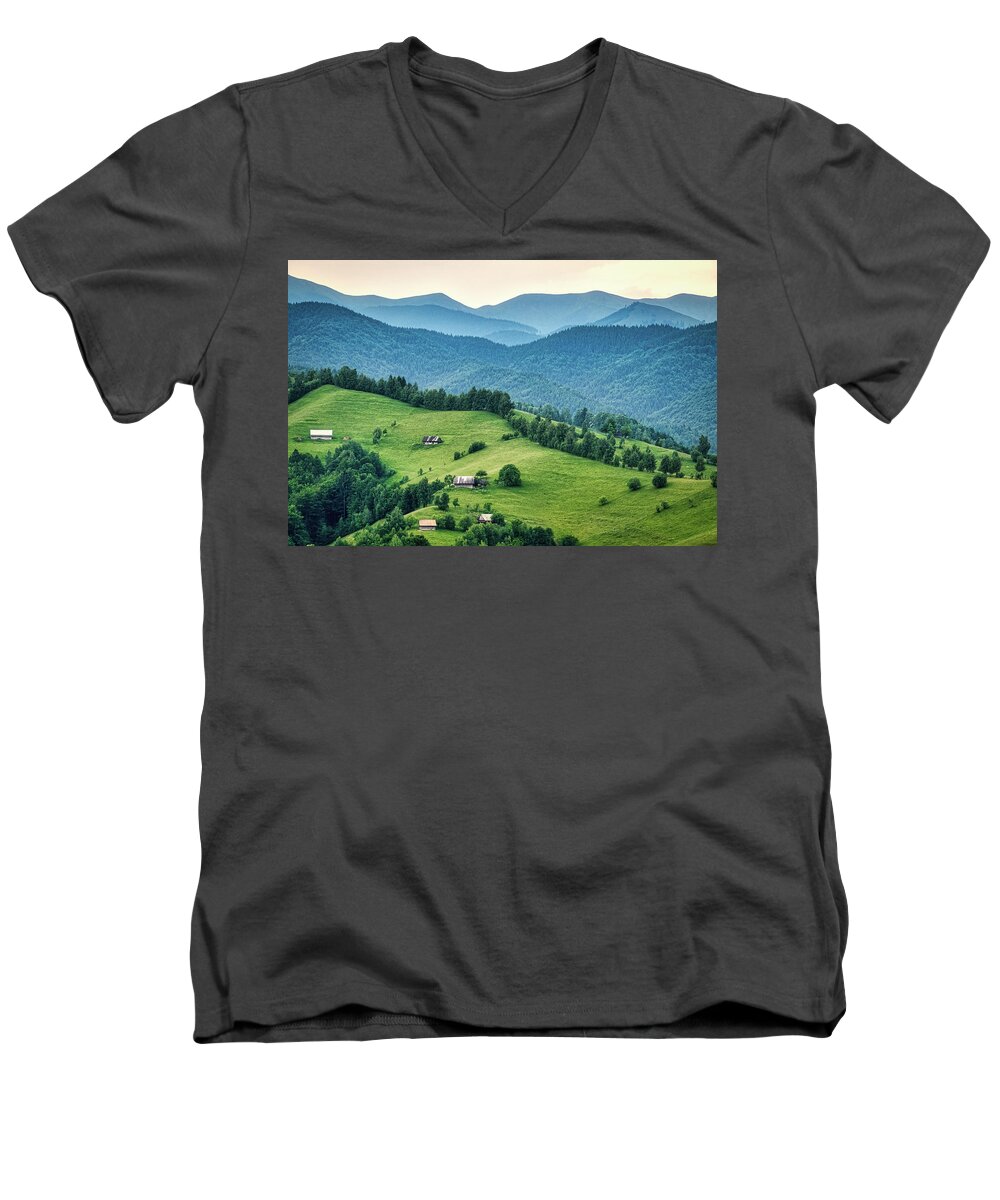 Bran Men's V-Neck T-Shirt featuring the photograph Farm in the Mountains - Romania by Stuart Litoff