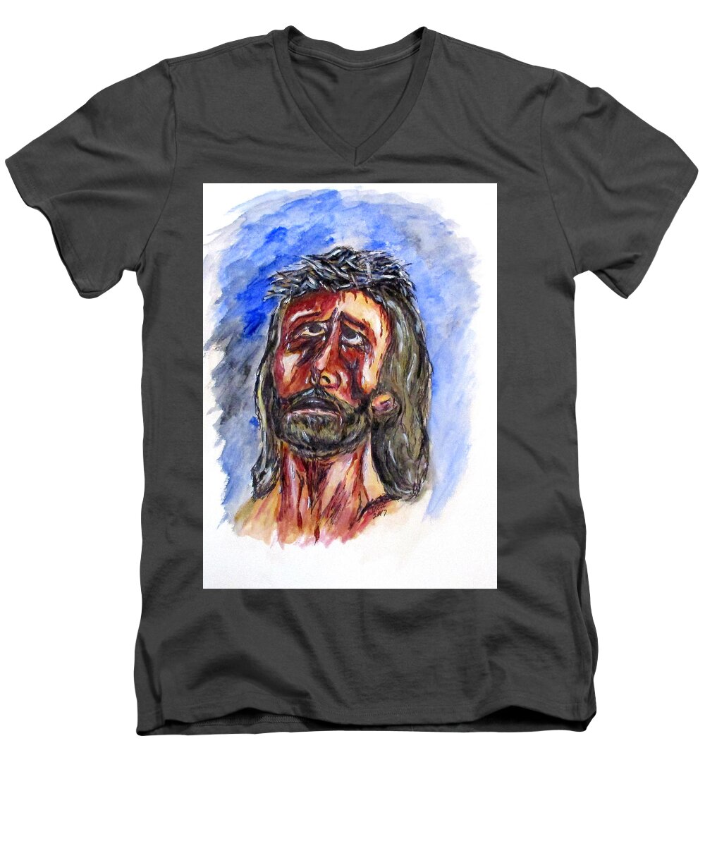 Jesus Men's V-Neck T-Shirt featuring the painting Father Forgive Them by Clyde J Kell