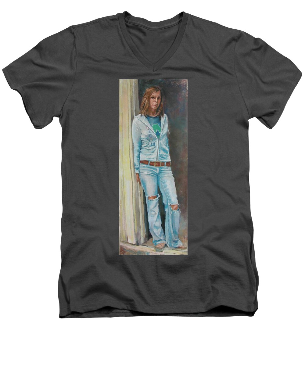Portrait Men's V-Neck T-Shirt featuring the painting Favorite jeans by Synnove Pettersen