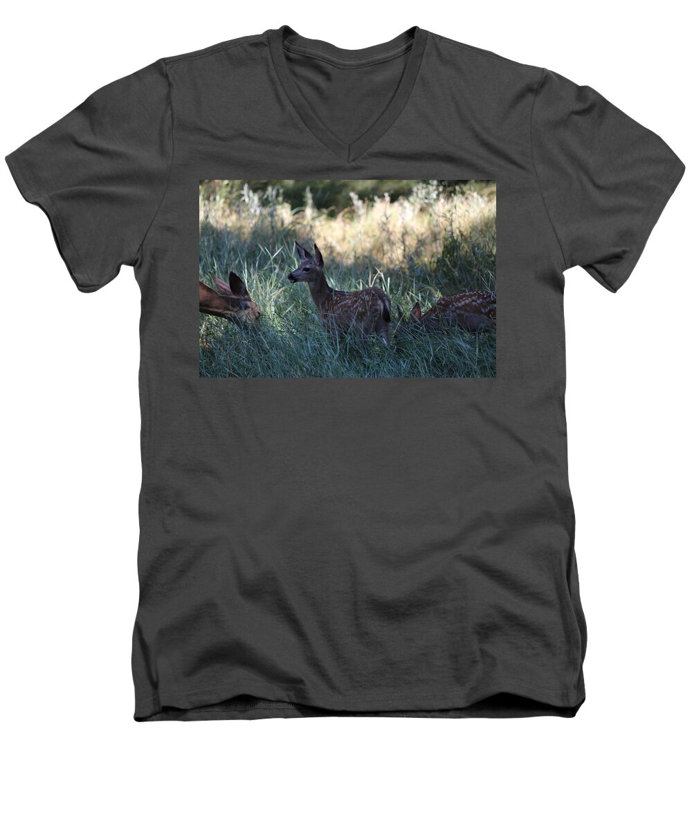 Fawn Men's V-Neck T-Shirt featuring the photograph Fawn in the Grass by Christy Pooschke