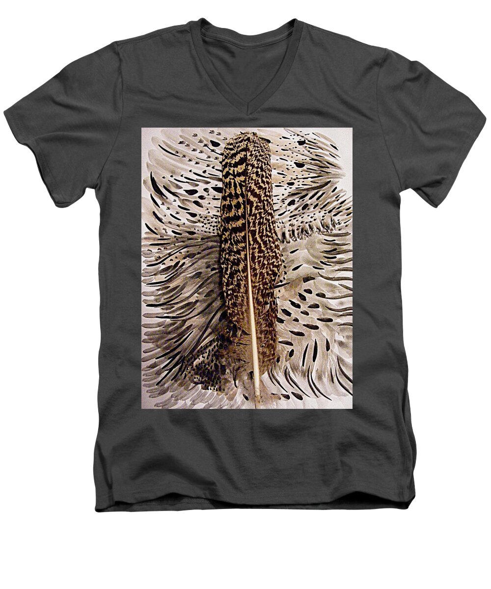Mixed Media Men's V-Neck T-Shirt featuring the mixed media Feather by Nancy Kane Chapman