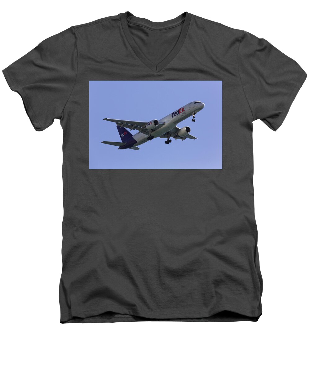 Fedex Men's V-Neck T-Shirt featuring the photograph FedEx 757 by John Daly
