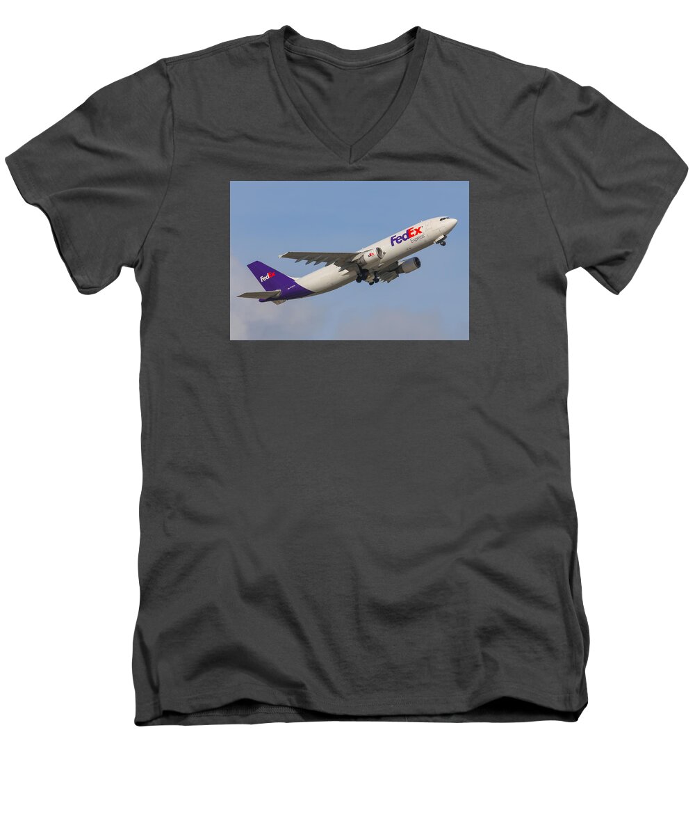 Aviation Men's V-Neck T-Shirt featuring the photograph FedEx Airplane by Dart Humeston