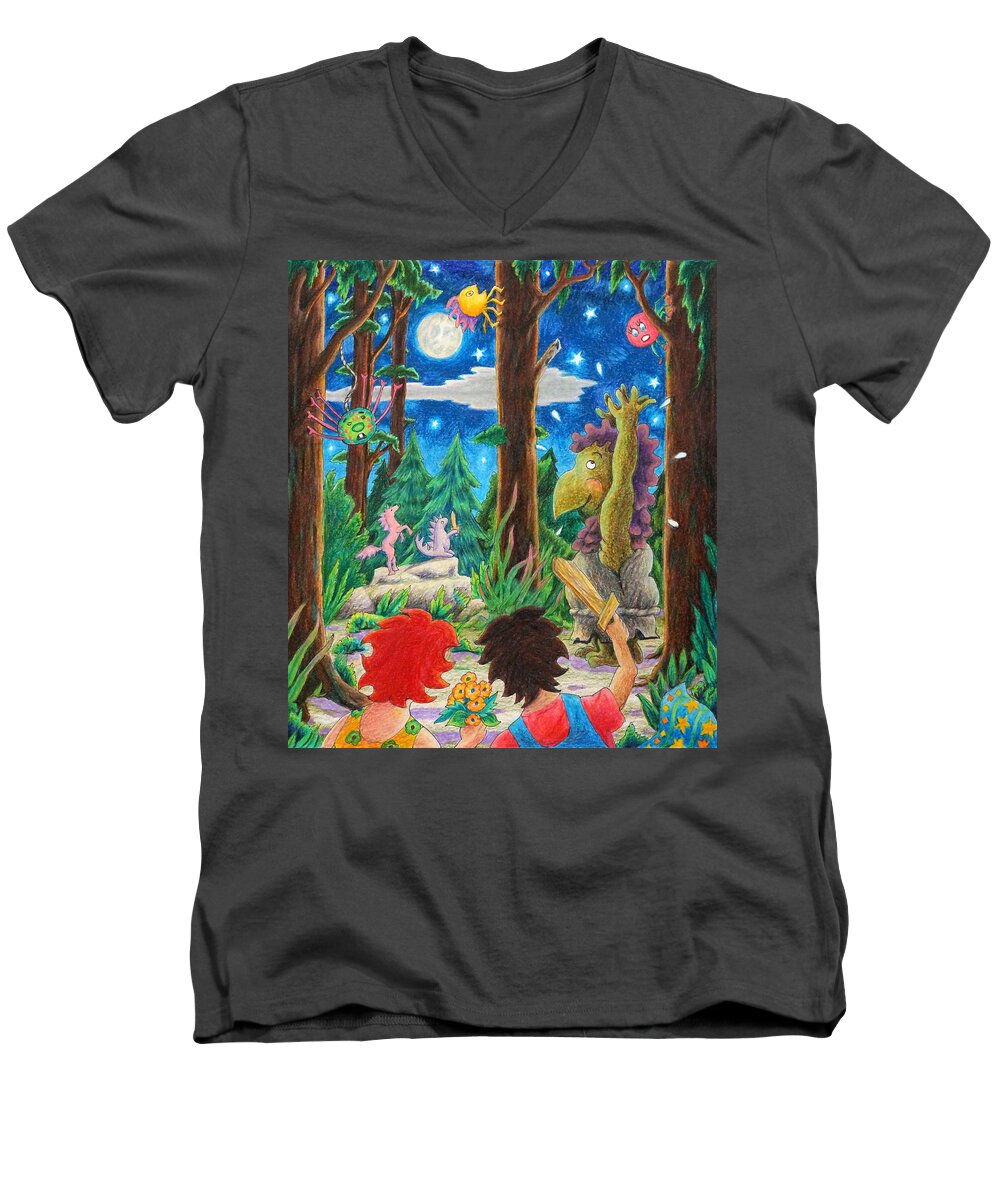 Forest Men's V-Neck T-Shirt featuring the drawing Fighting Orcs and Giant Spiders by Matt Konar