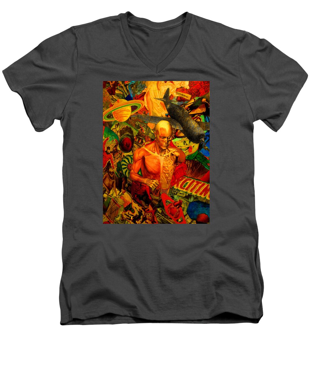  Men's V-Neck T-Shirt featuring the painting Figure With Plane by Steve Fields