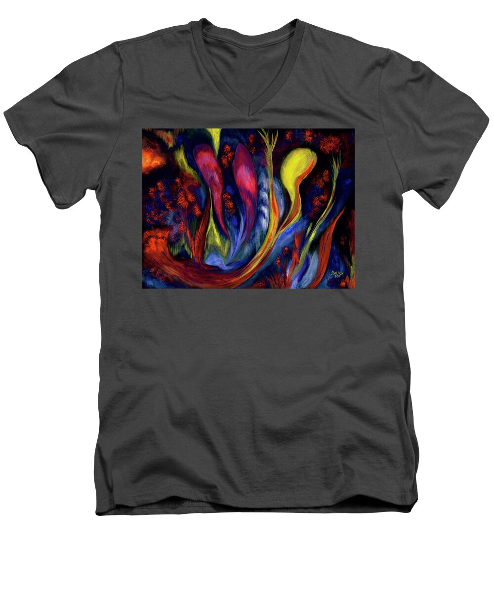 Abstract Art Men's V-Neck T-Shirt featuring the painting Fire Flowers by Joe Baltich