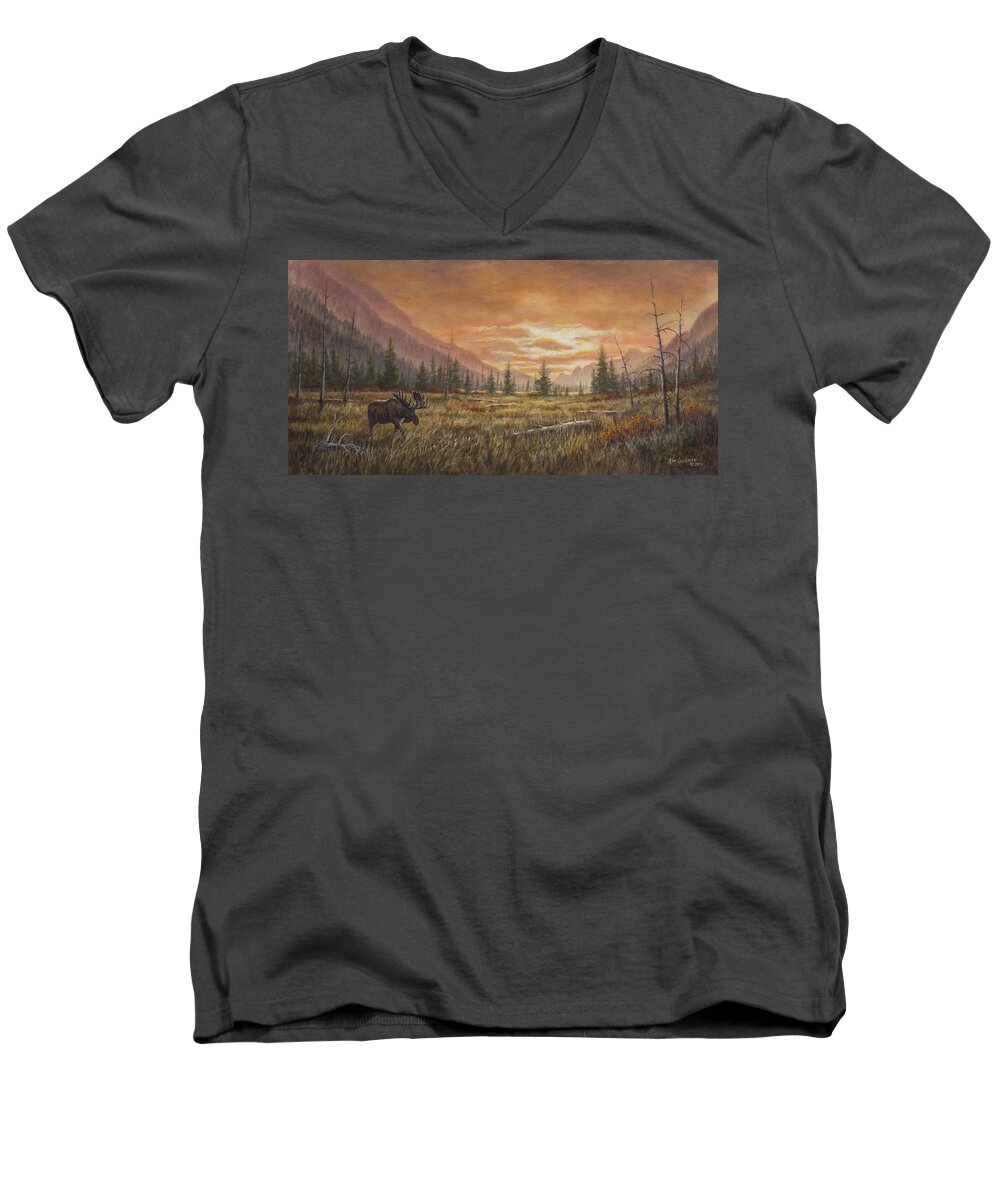 Sunset Men's V-Neck T-Shirt featuring the painting Fire In the Sky by Kim Lockman