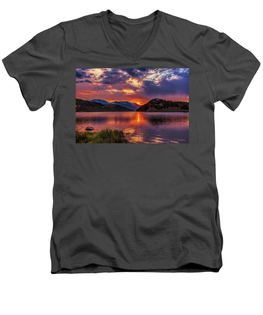 Fire On The Water Men's V-Neck T-Shirt featuring the photograph Fire on the Water Reflections by Stephen Johnson