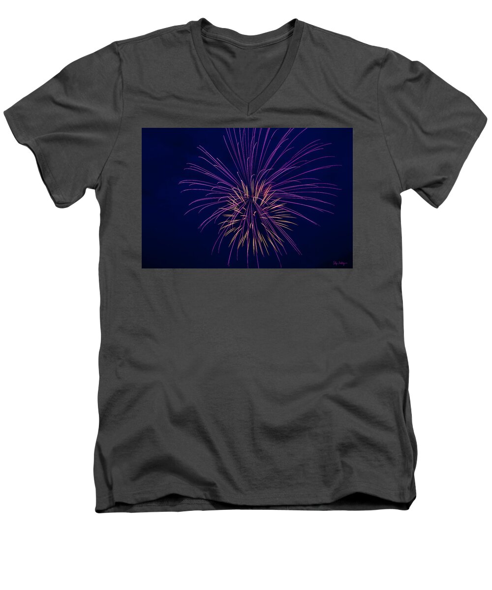 Fireworks Men's V-Neck T-Shirt featuring the photograph Fireworks Display by Skip Tribby