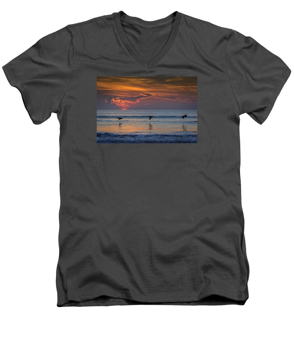 Sunrise Men's V-Neck T-Shirt featuring the photograph First Flight First Light by Steven Sparks