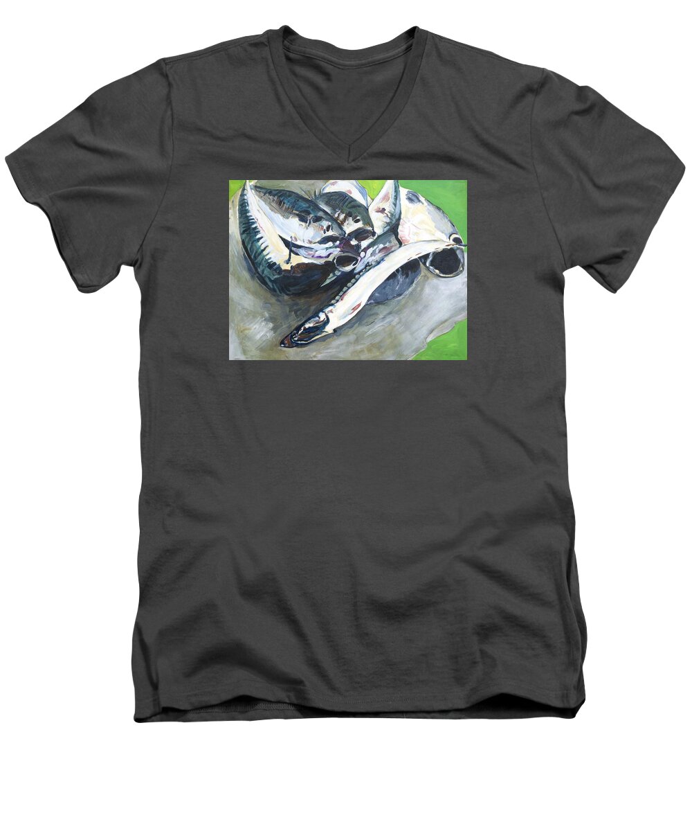  Men's V-Neck T-Shirt featuring the painting Fish on a Table by Kathleen Barnes