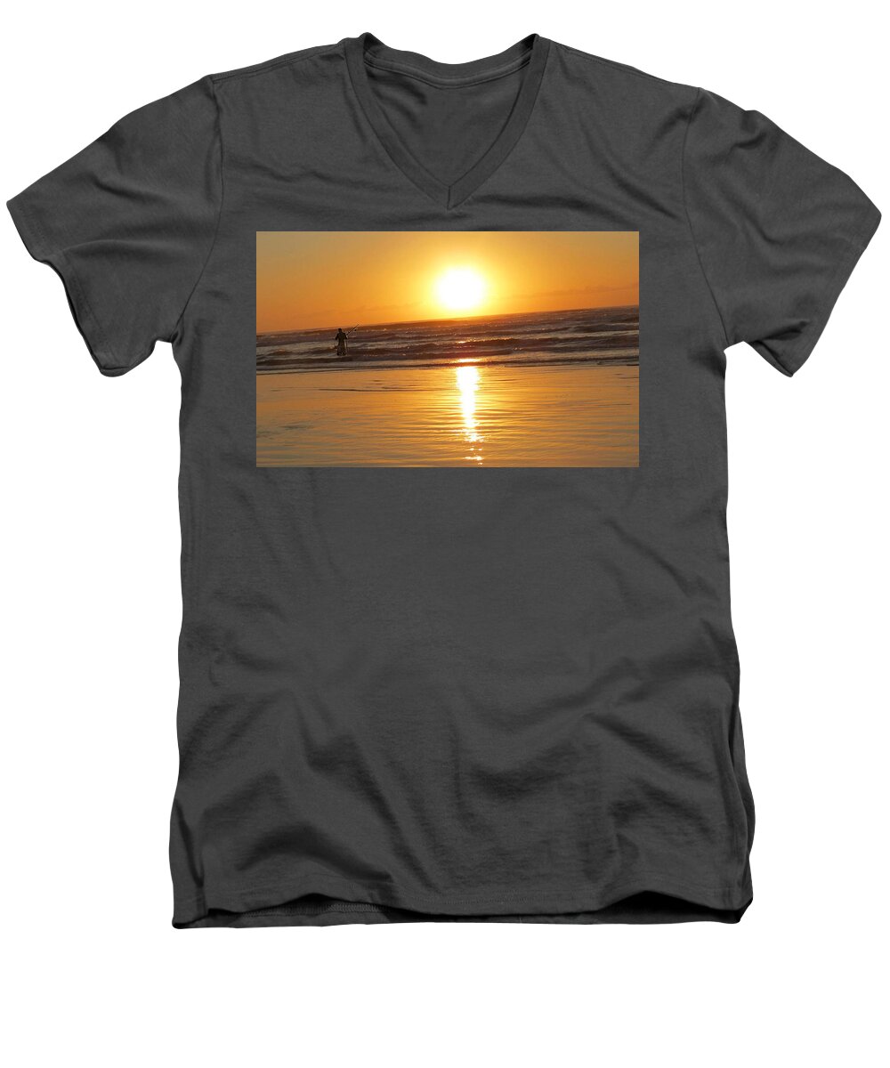 Fisherman Men's V-Neck T-Shirt featuring the photograph Fisherman at sunrise by Metaphor Photo